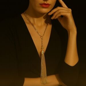 VINTAGE CHICOS GOLD BEADED LARIAT NECKLACE GLASS ACCENTS TASSEL STATEMENT